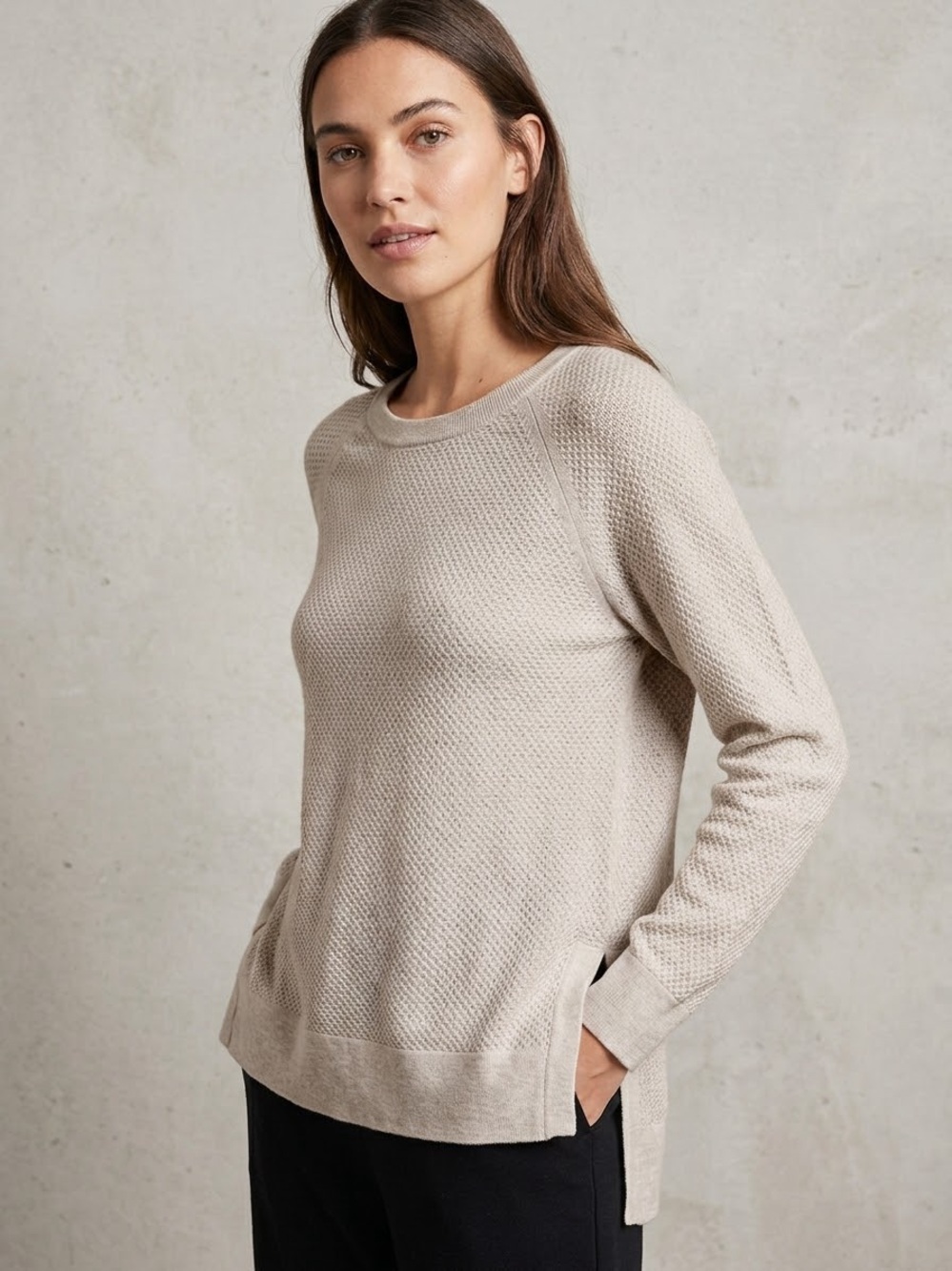 KINROSS CASHMERE Light Gray Textured Waffle Knit Crewneck Tunic Sweater M
